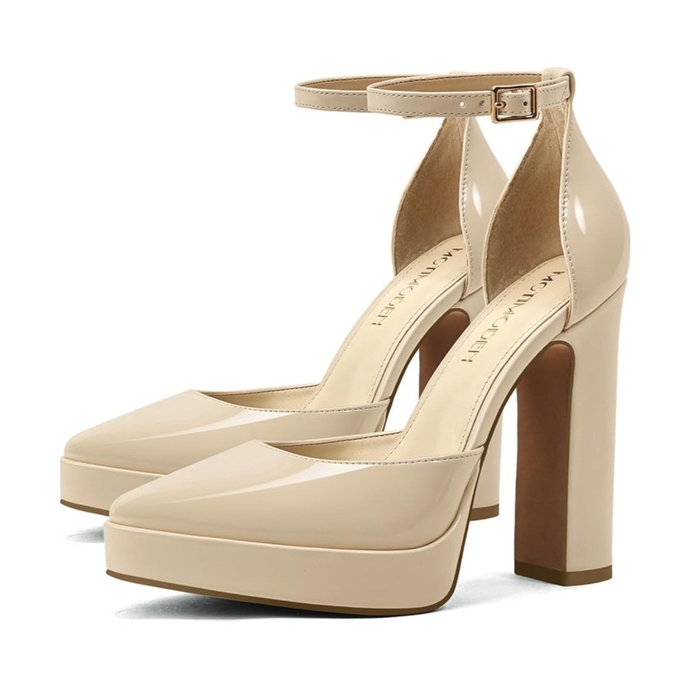 MOTIMODEN Platform Pumps Women 11 Beige Patent Pointed Toe Block Heel NWOT